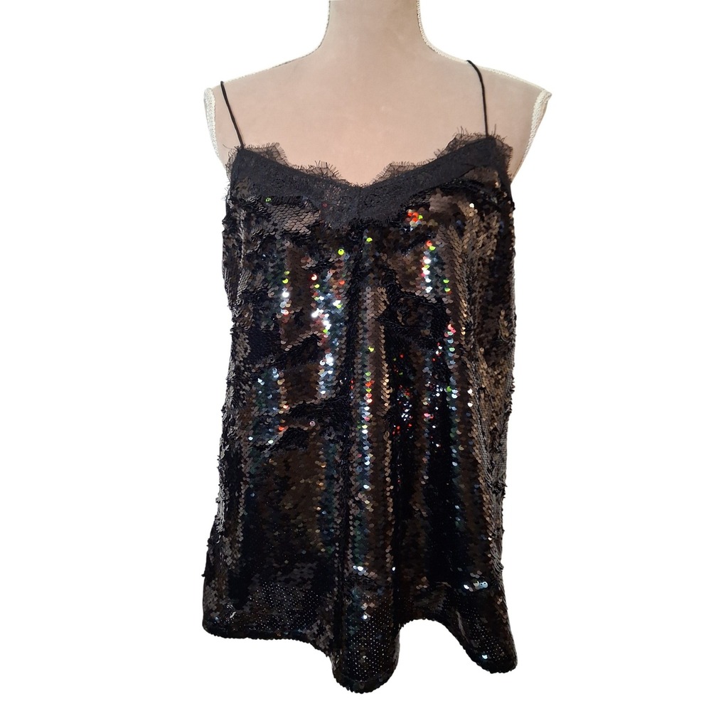 Nine West Womens XXL Black Sequin Lace Trim Cami Top Adjustable Straps Holiday